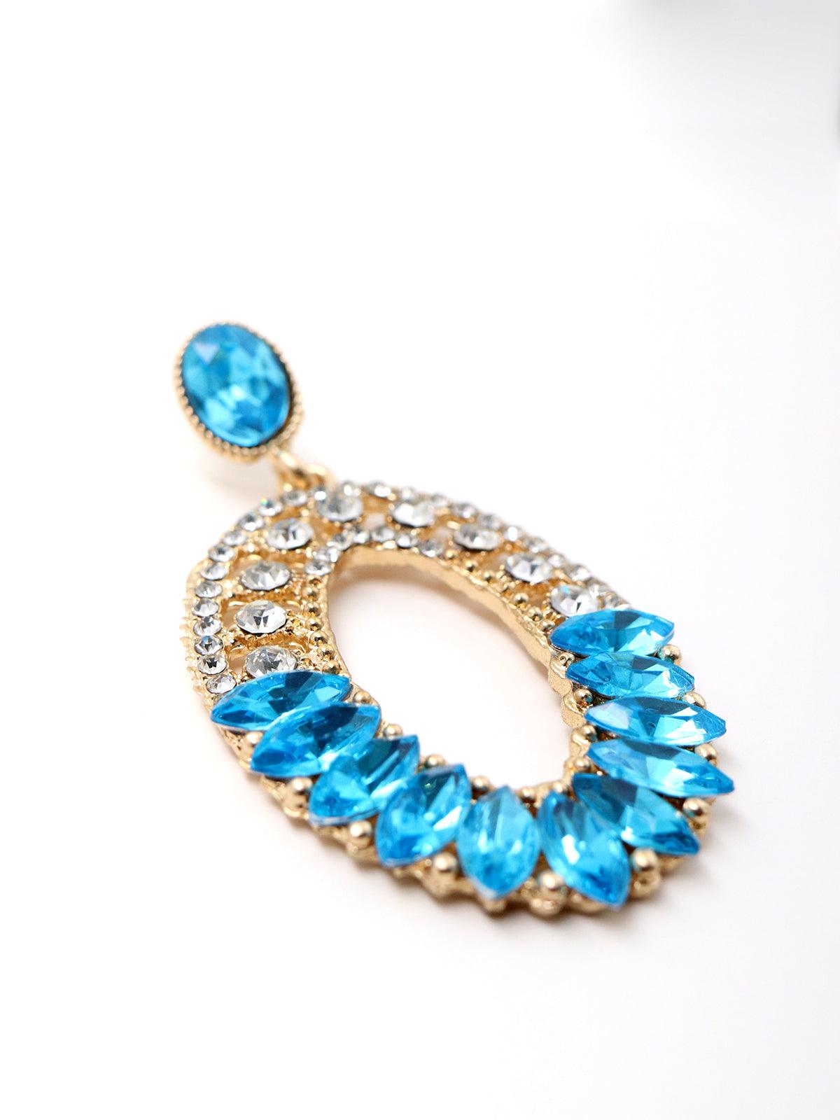 Women's Oval Shape Clear & Sea Blue Dangle Earrings - Odette