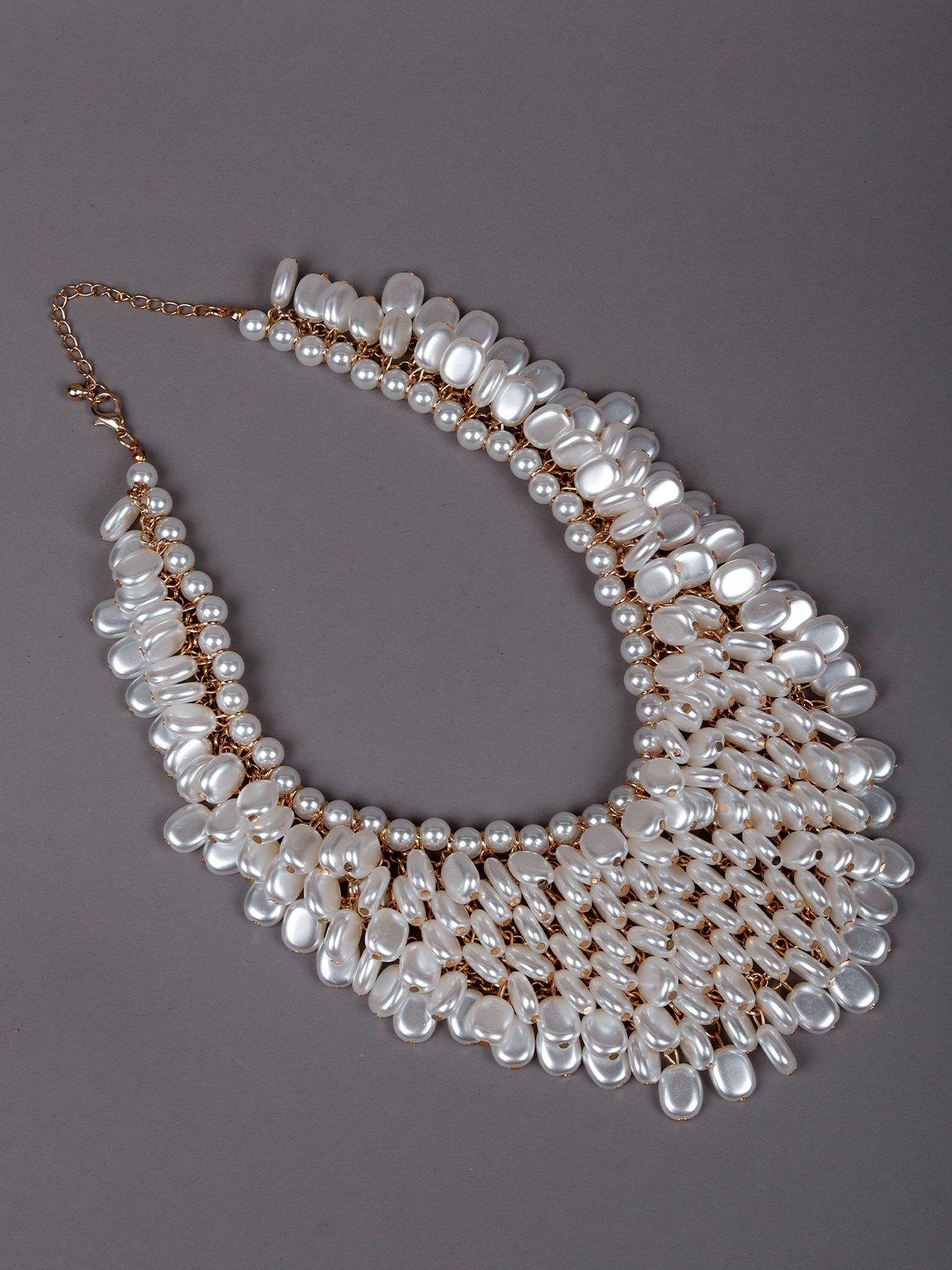 Women's Overflowing Glossy White Beaded Necklace. - Odette
