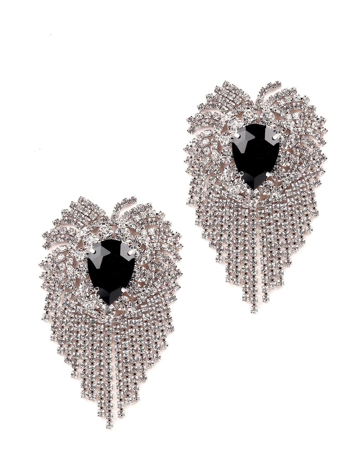 Women's Overflowing Tassel Crystal Earring With A Black Gemstone. - Odette