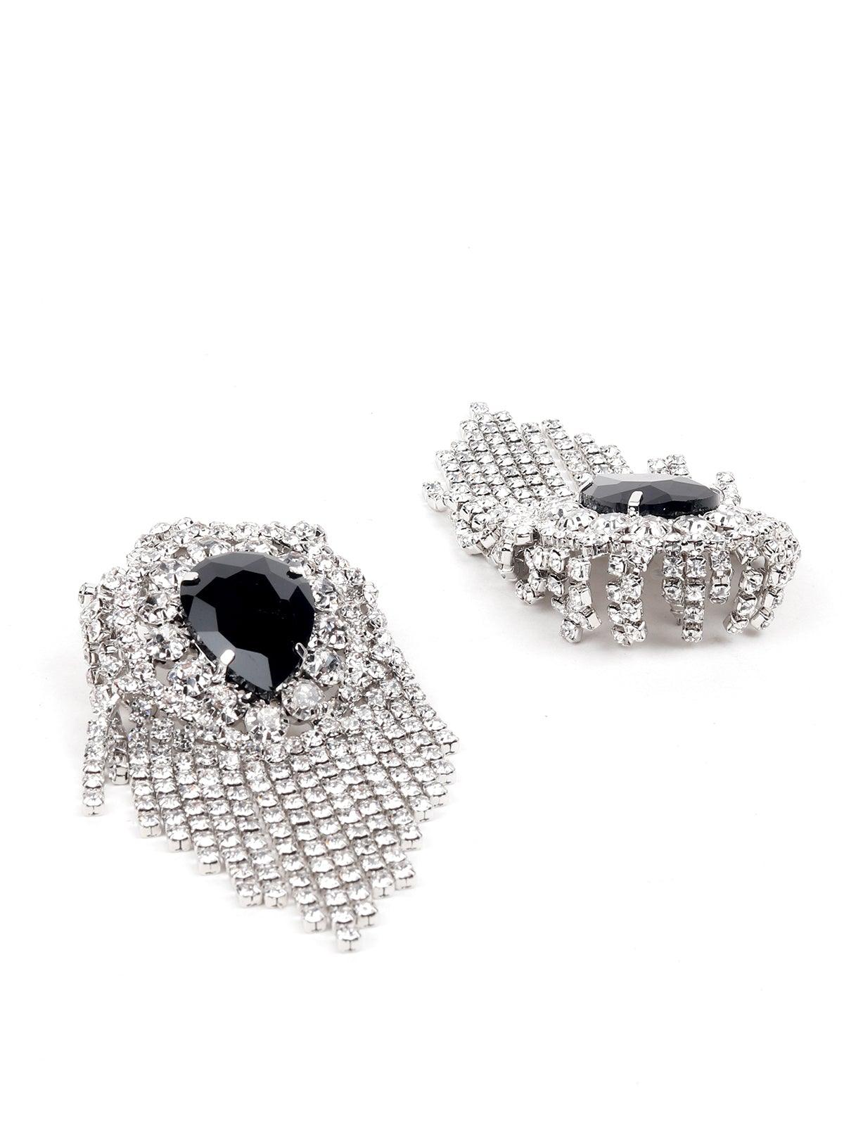 Women's Overflowing Tassel Crystal Earring With A Black Gemstone. - Odette