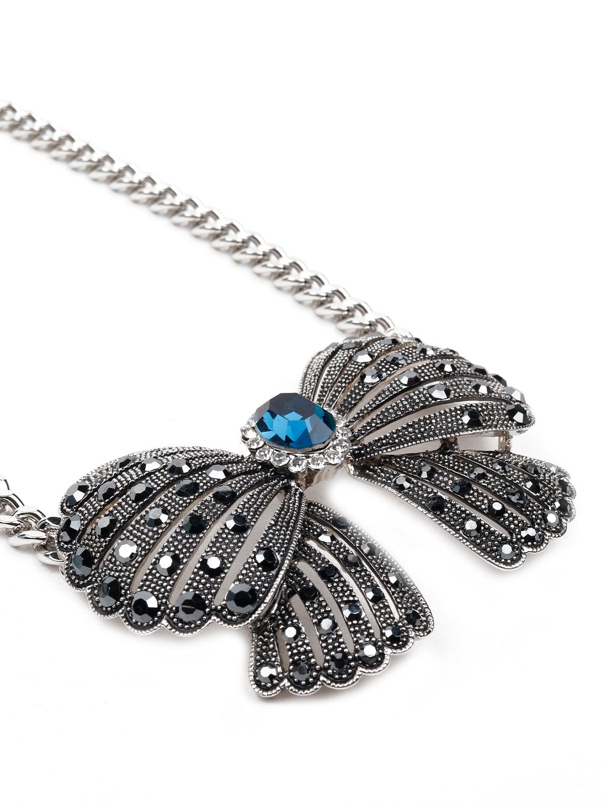 Women's Oxidised Silver-Studded Beautiful Bow Necklace - Odette