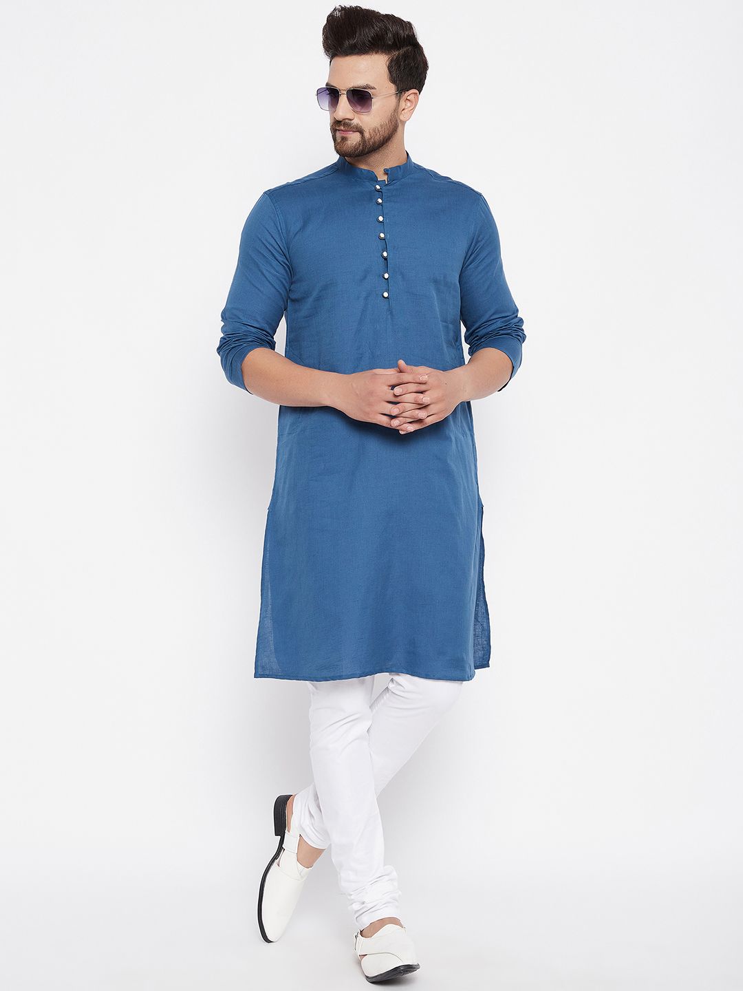 Men's Woven Design Blue Straight Kurta - Even Apparels