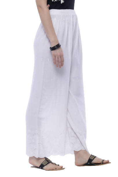 Women's Rayon Cotton White Embroidery Chikan Palazzo Mfp026 - Moeza