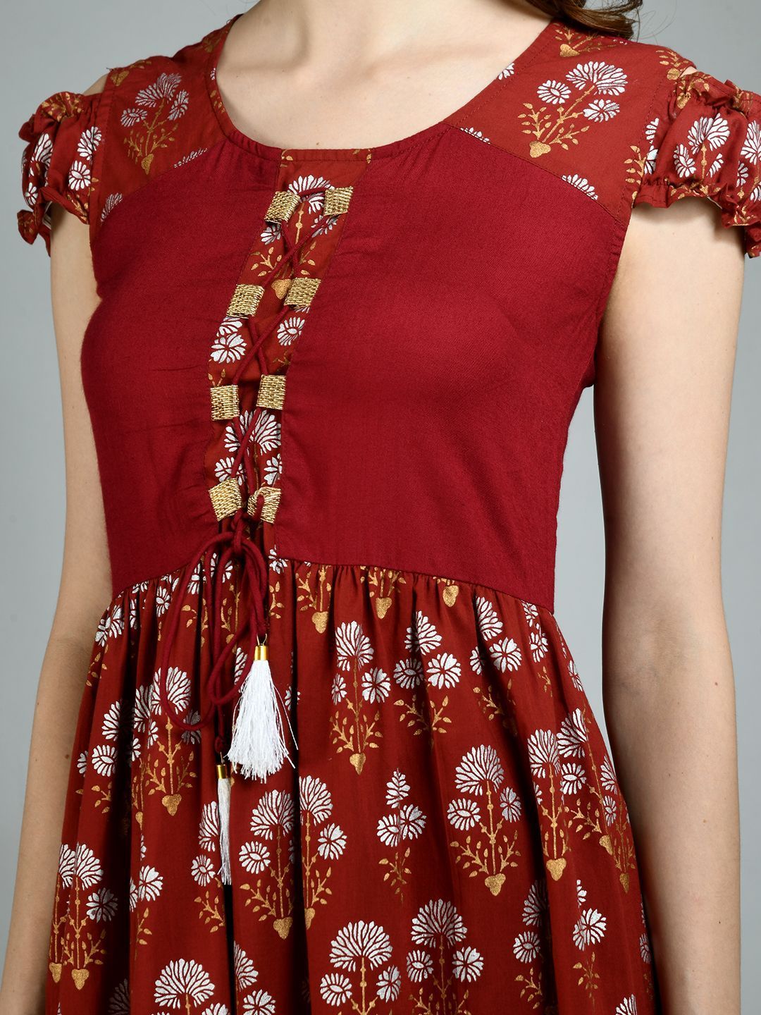 Women's Maroon Cotton Printed Sleeveless Round Neck Casual Dress - Myshka
