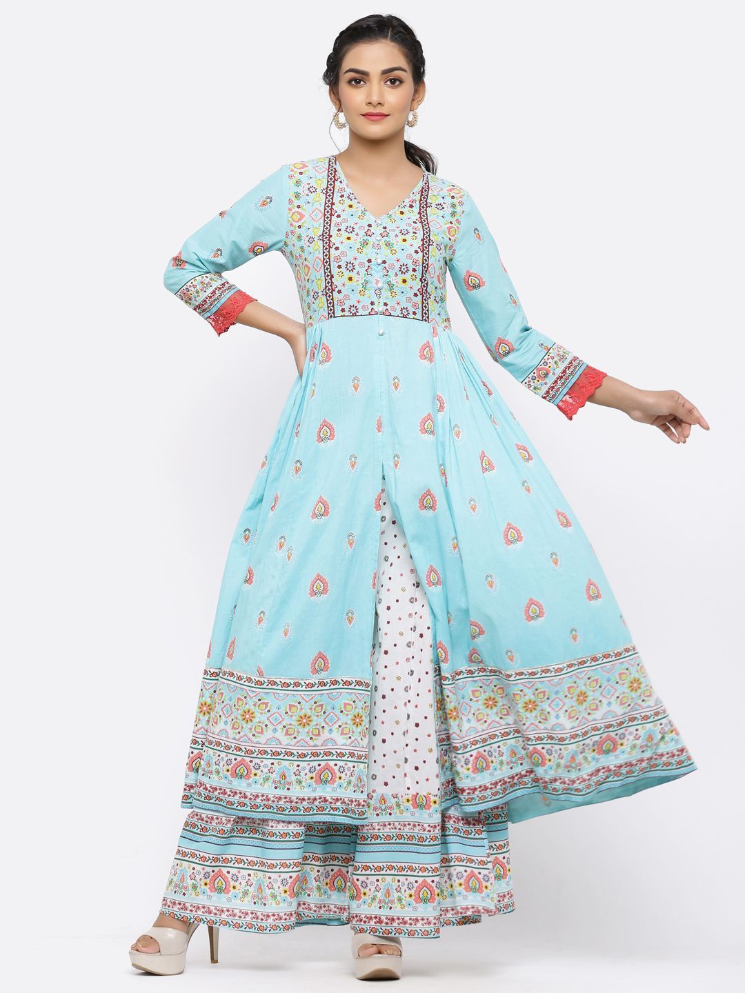 Women's Blue Cambric Printed Anarkali Kurta With Dupatta - Juniper