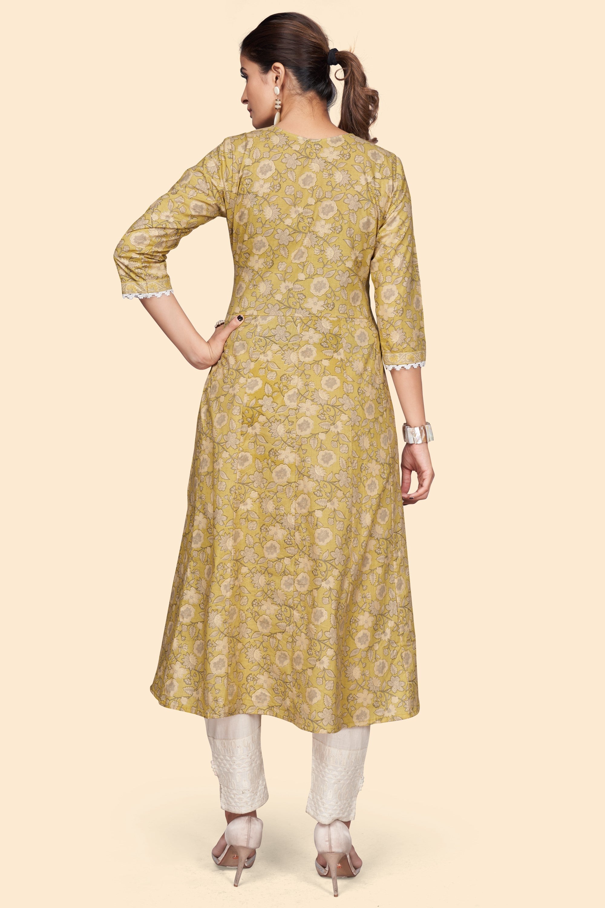 Women's Print & Embroidered A-Line Cotton Yellow Stitched Kurta - Vbuyz