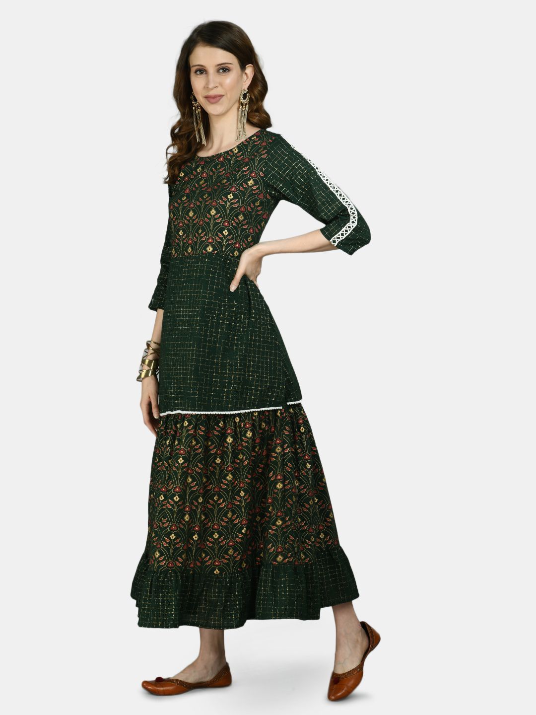 Women's Green Viscose Printed 3/4 Sleeve Round Neck Casual Dress - Myshka