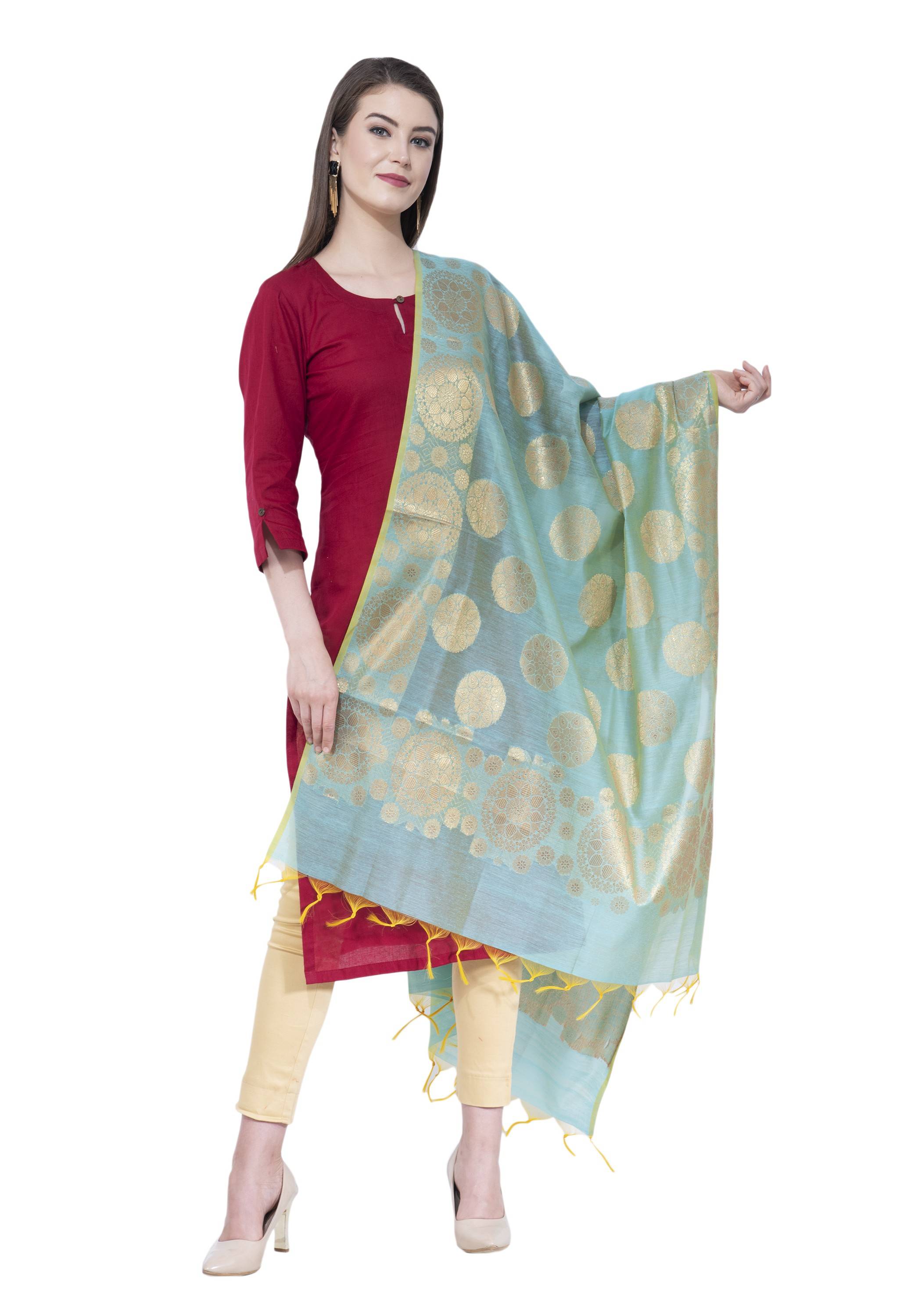 A R Silk Women's Zari Embroidery Chanderi Cotton Firozi Dupattas and Chunnis