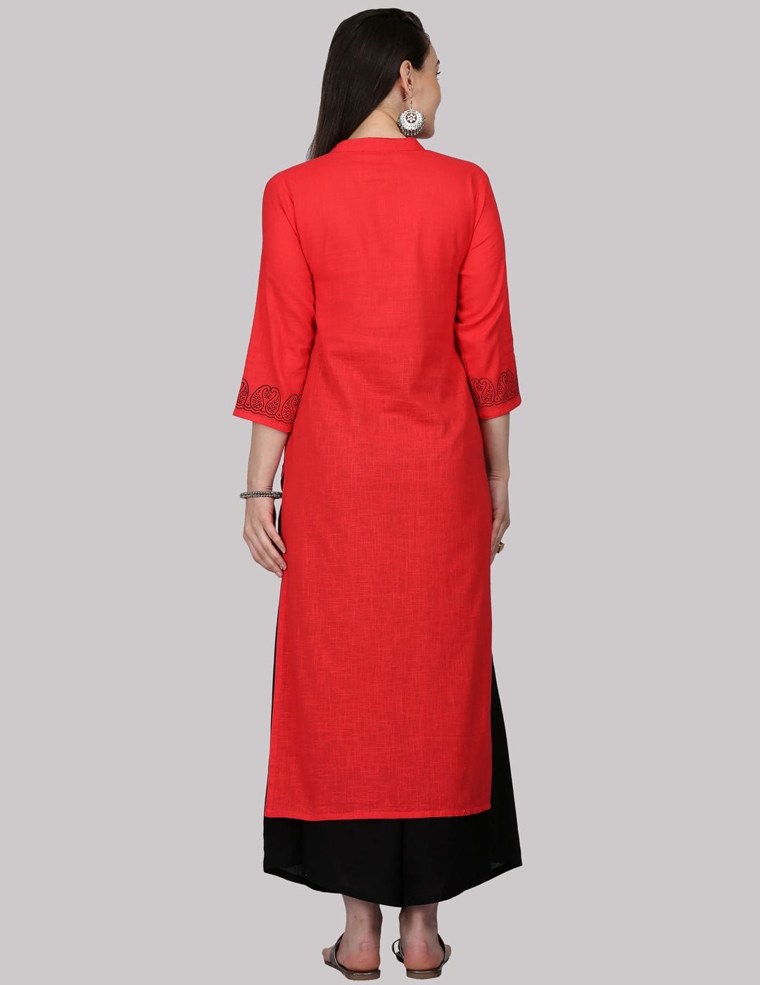 Women's KSUT Red Full Length Placket Straight Kurta with Black Block Print on Front Panel and Sleeves - Varanga