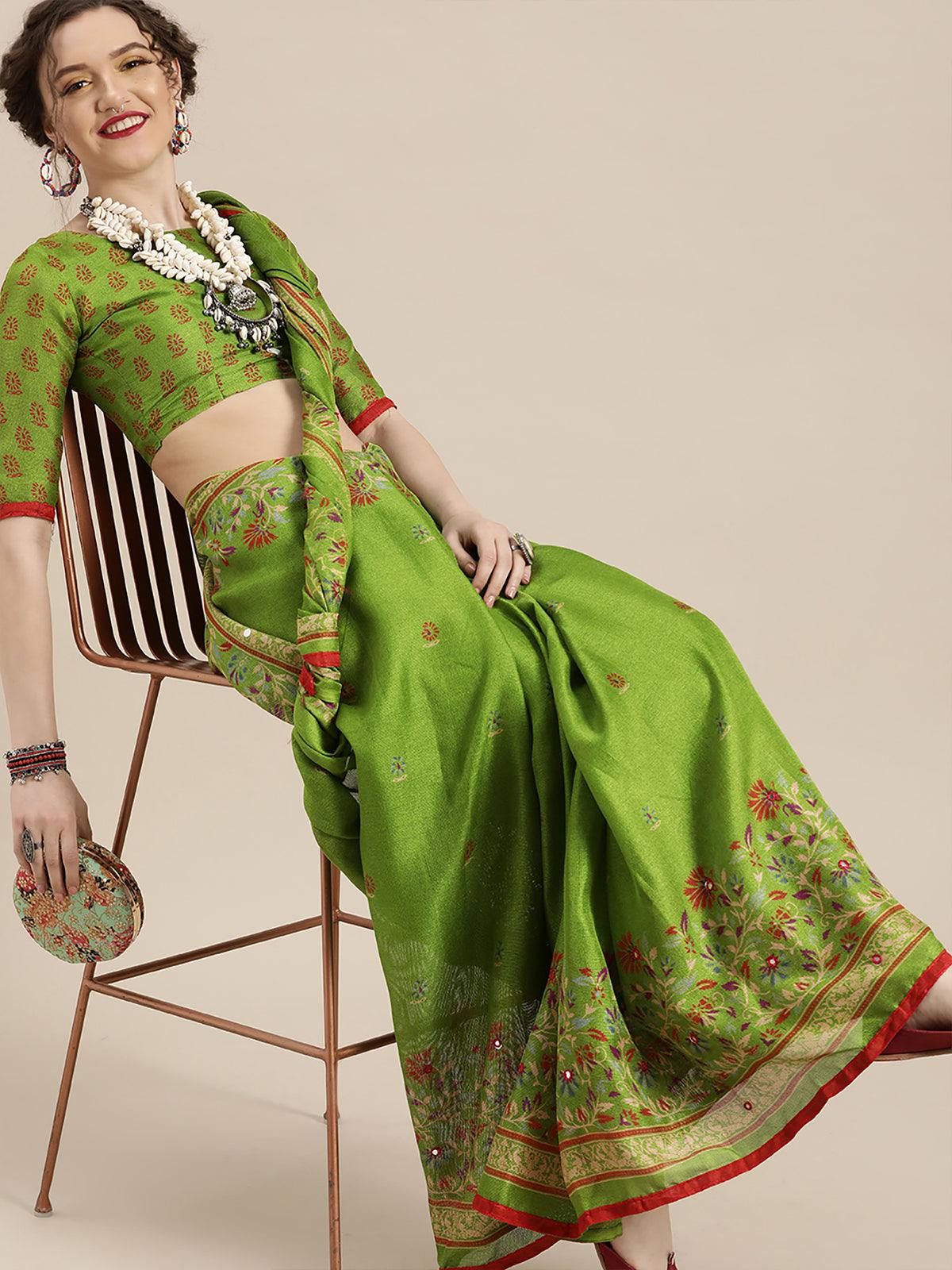 Women's Parrot Green Casual Jute Silk Printed Saree With Unstitched Blouse - Odette