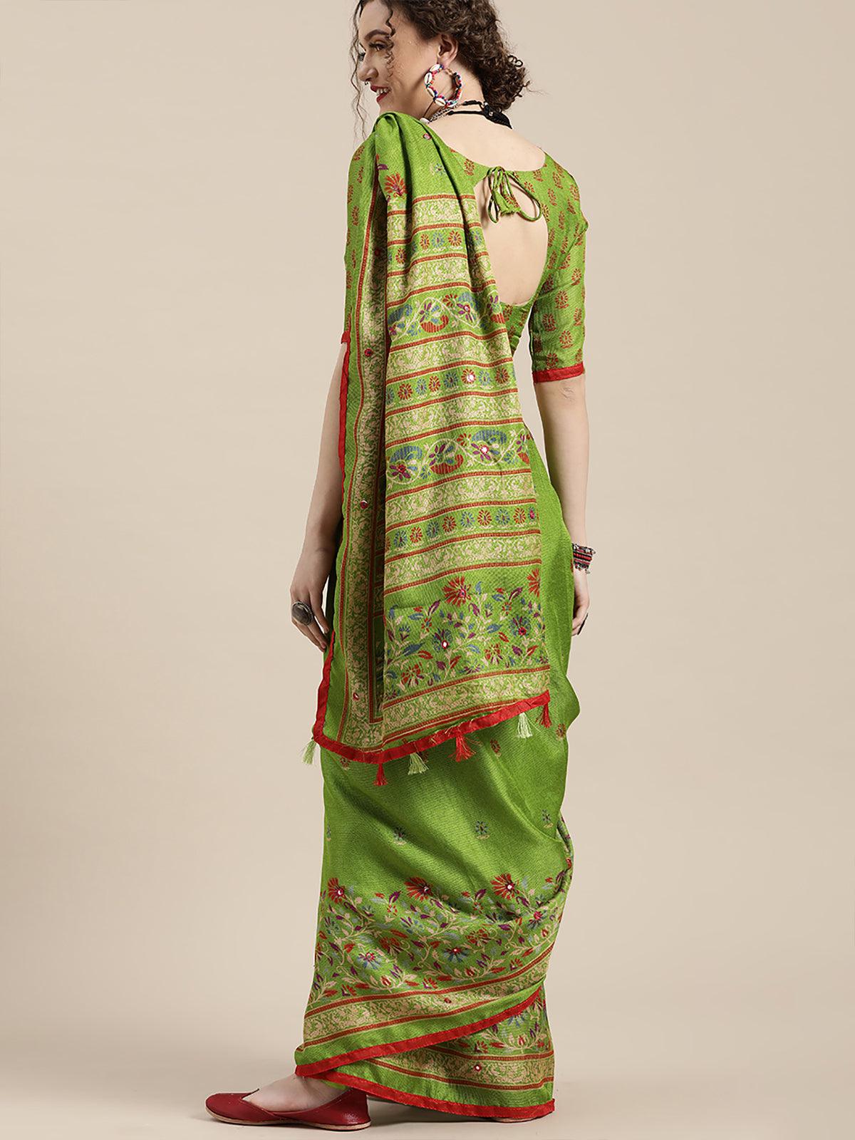 Women's Parrot Green Casual Jute Silk Printed Saree With Unstitched Blouse - Odette