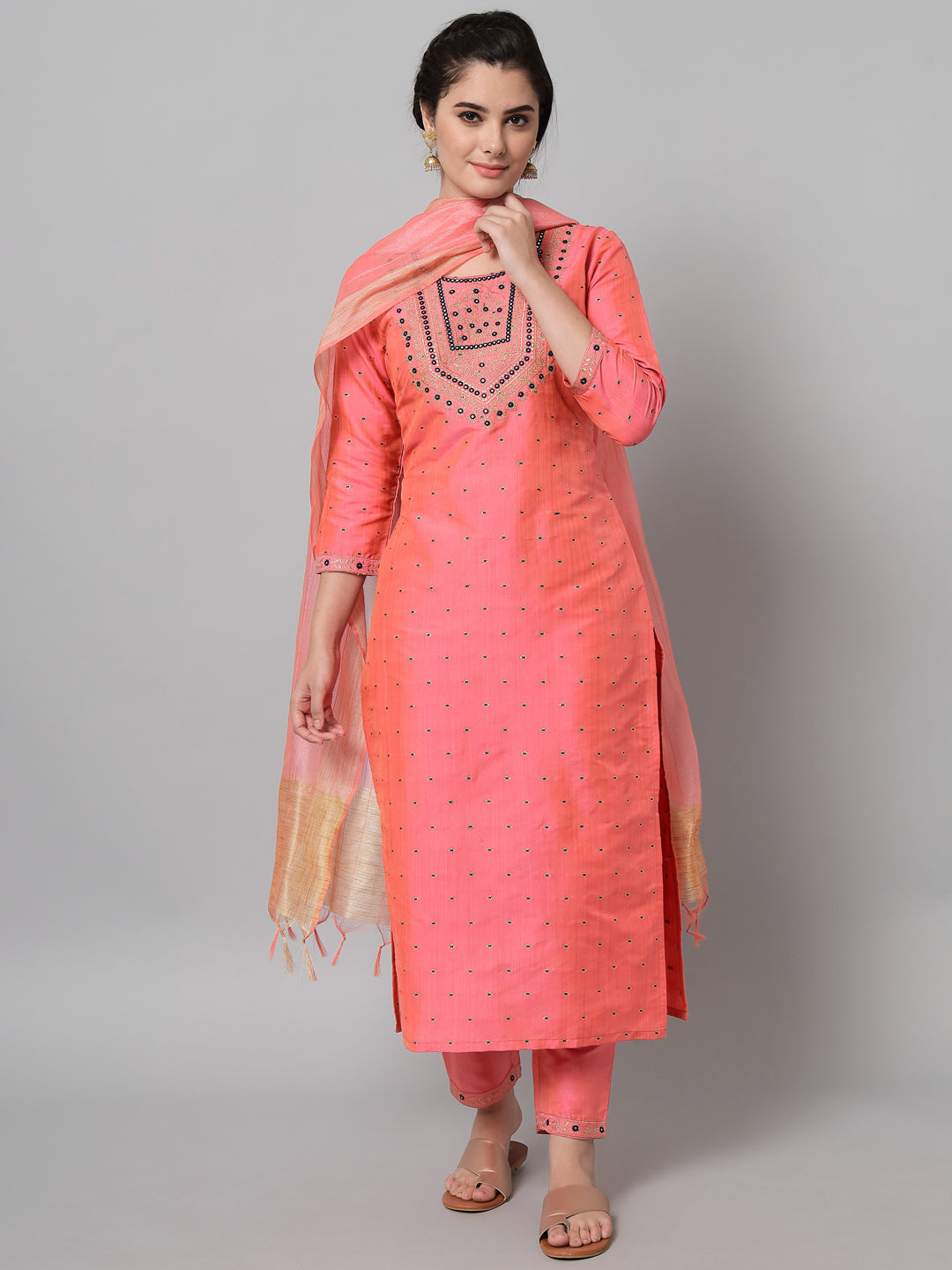 Women's Embroidered Pink Kurta With Pink Trousers And Dupatta