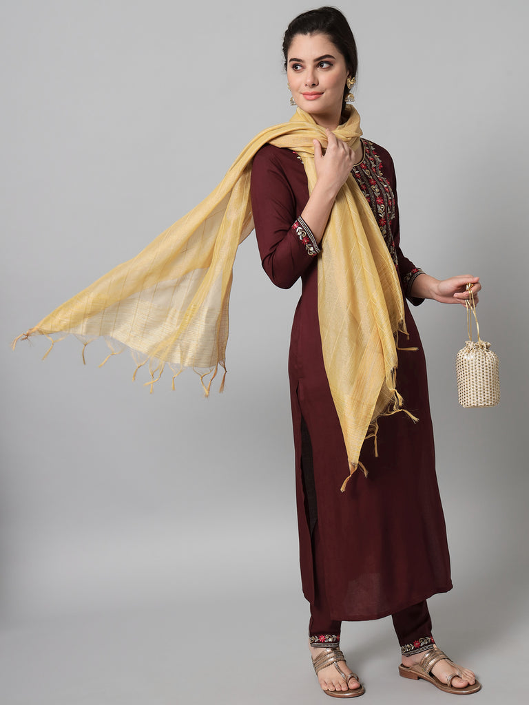 Women's Wine Kurta Trouser Set With Dupatta With Gold And Silver Embroidery