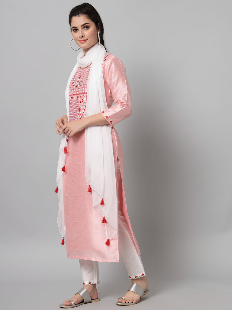 Women's Pink Kurta Trouser Set With White And Red Floral Embroidery