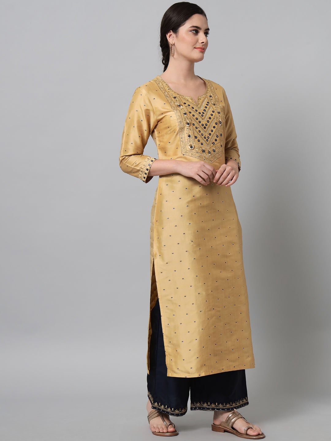 Women's Golden Beige Zari Embroidery Kurta Trouser Set  - Noz2Toz