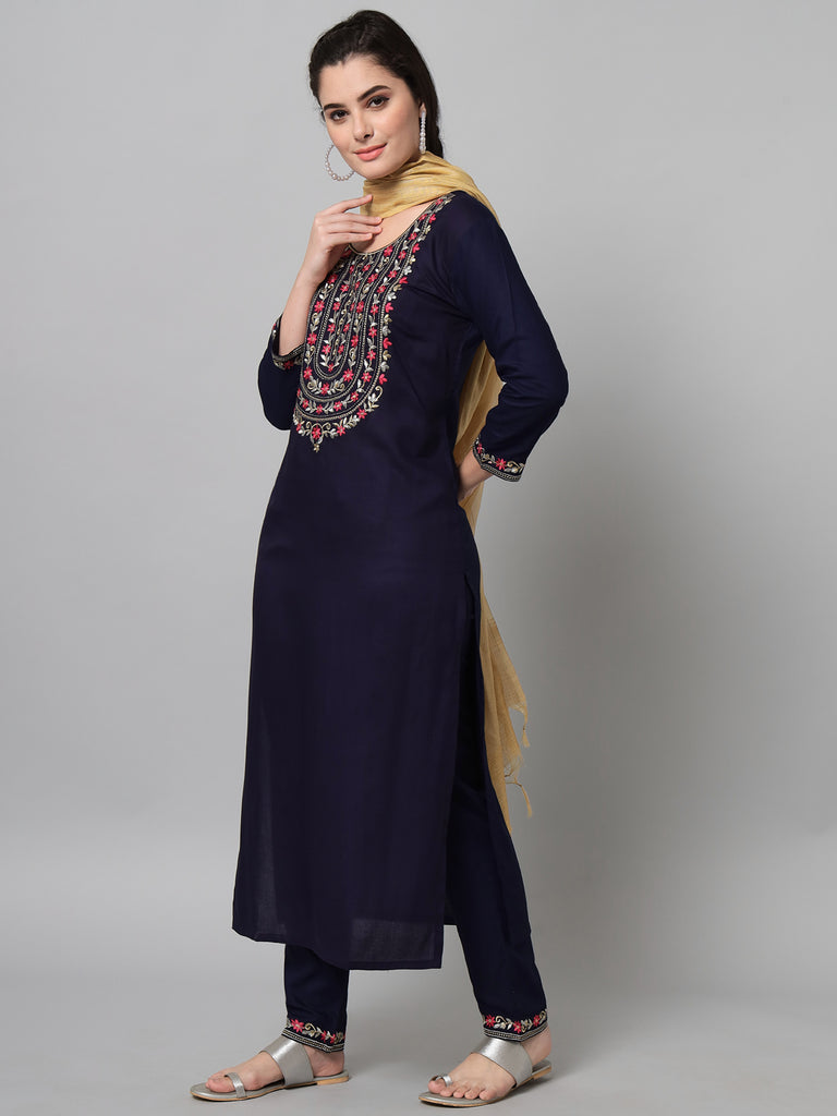 Women's Navy Kurta Trouser Set With Dupatta With Gold And Silver Embroidery