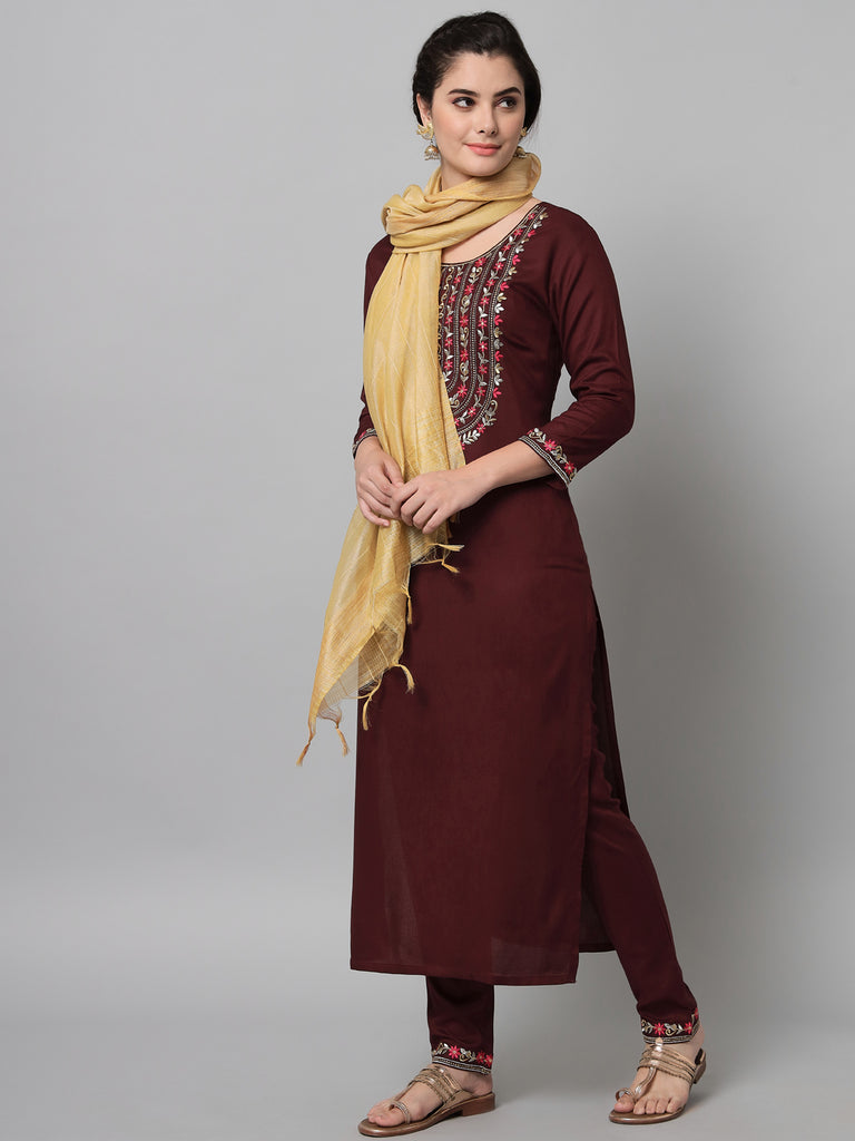 Women's Wine Kurta Trouser Set With Dupatta With Gold And Silver Embroidery