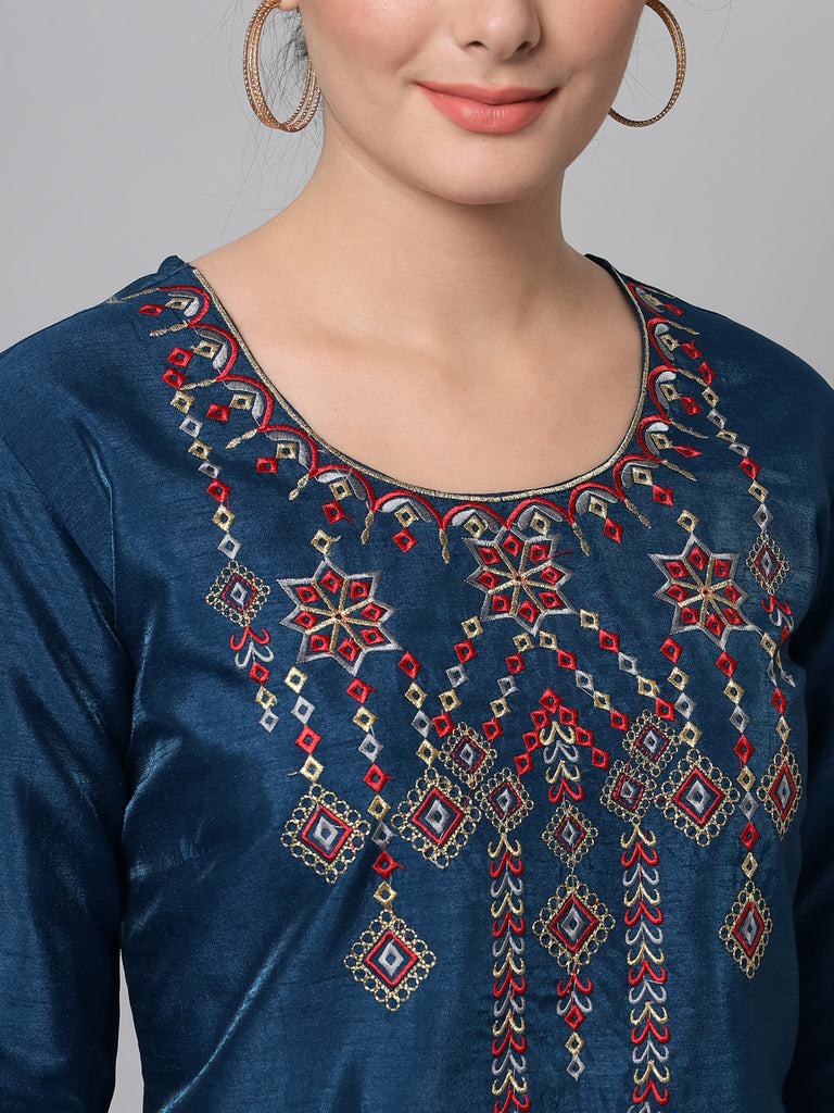 Women's Teal Blue Kurta Trouser Set With Geometric Embroidery