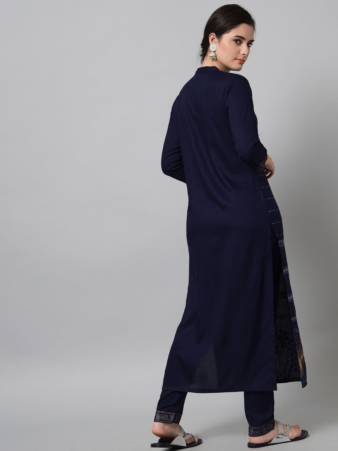 Women's Navy Blue Printed Kurta Trouser Set  - Noz2Toz