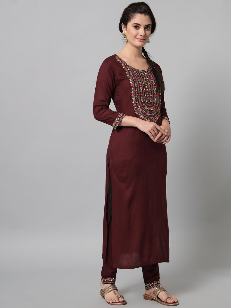 Women's Wine Kurta Trouser Set With Dupatta With Gold And Silver Embroidery