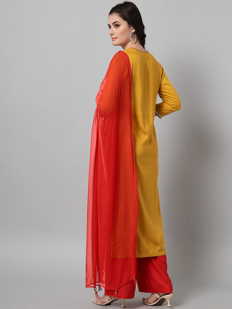 Women's Mustard Rayon Embroidered Kurta Trouser Set With Dupatta