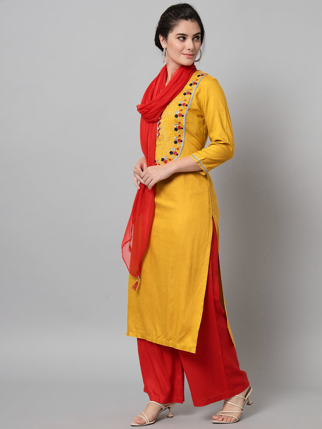 Women's Mustard Rayon Embroidered Kurta Trouser Set With Dupatta - Noz2Toz