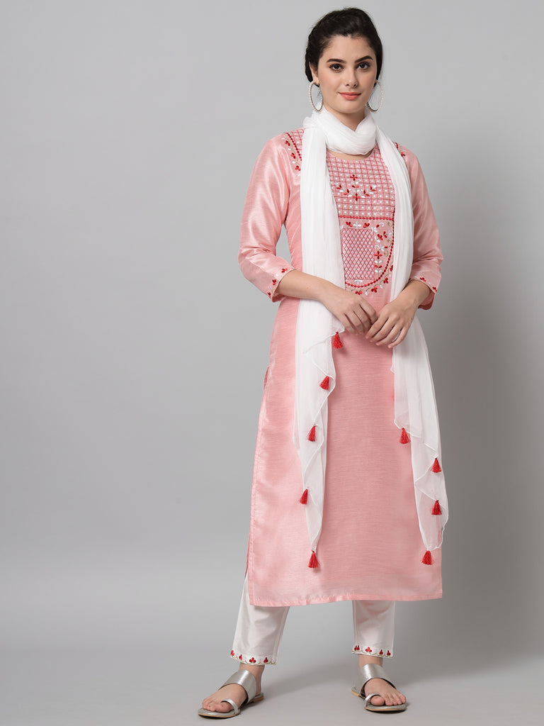 Women's Pink Kurta Trouser Set With White And Red Floral Embroidery