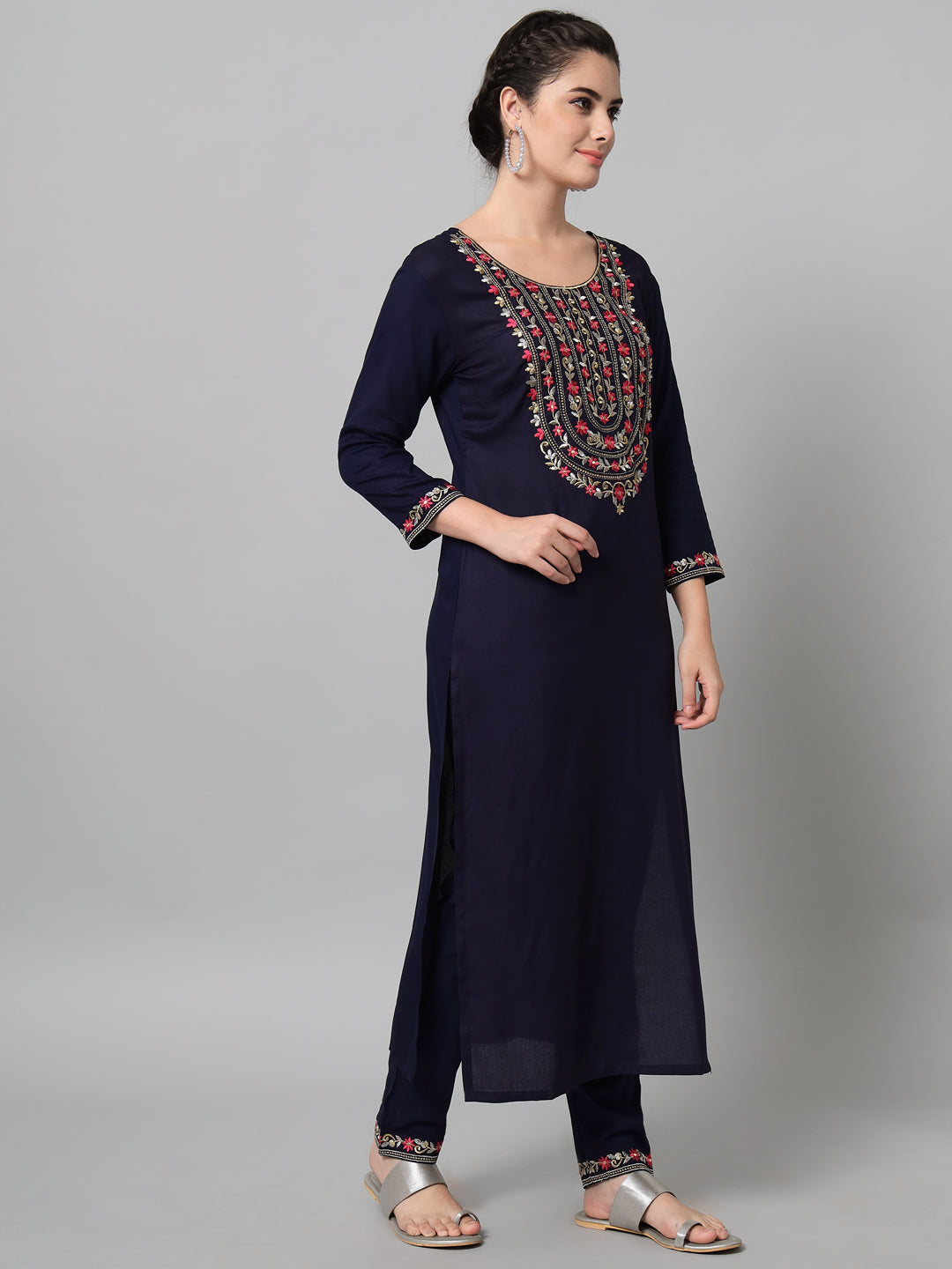 Women's Navy Kurta Trouser Set With Dupatta With Gold And Silver Embroidery - Noz2Toz
