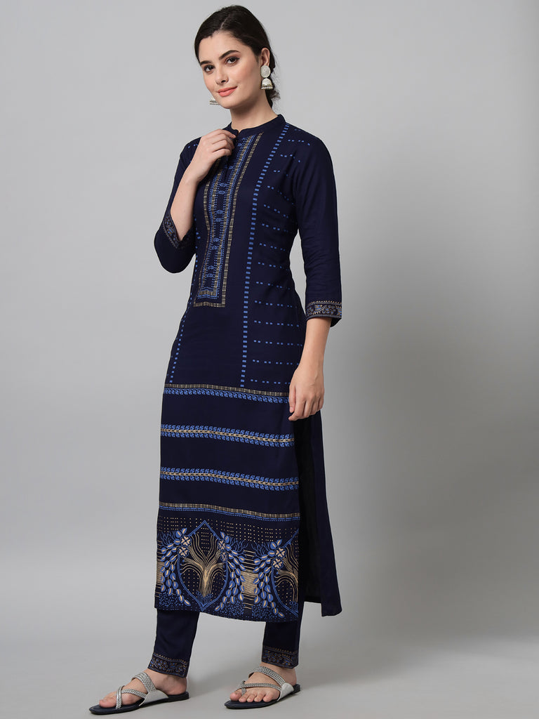 Women's Navy Blue Printed Kurta Trouser Set