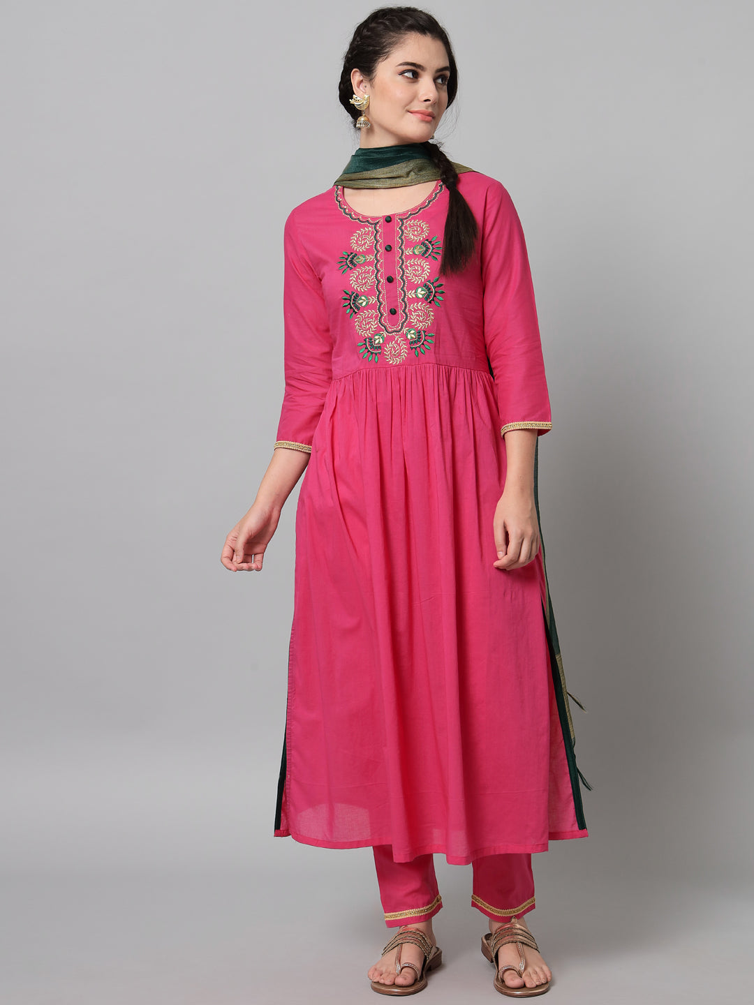 Women's Pink Embroidered Kurta Trouser Set With Dupatta - Noz2Toz