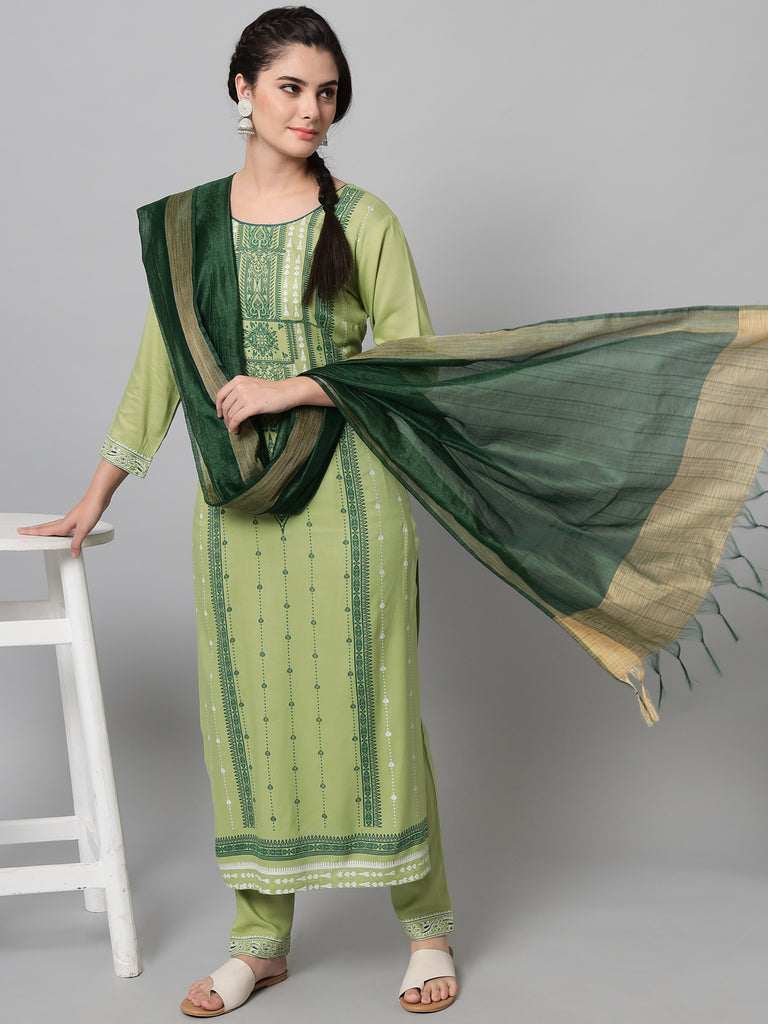 Women's Light Green Printed Kurta And Trouser Set