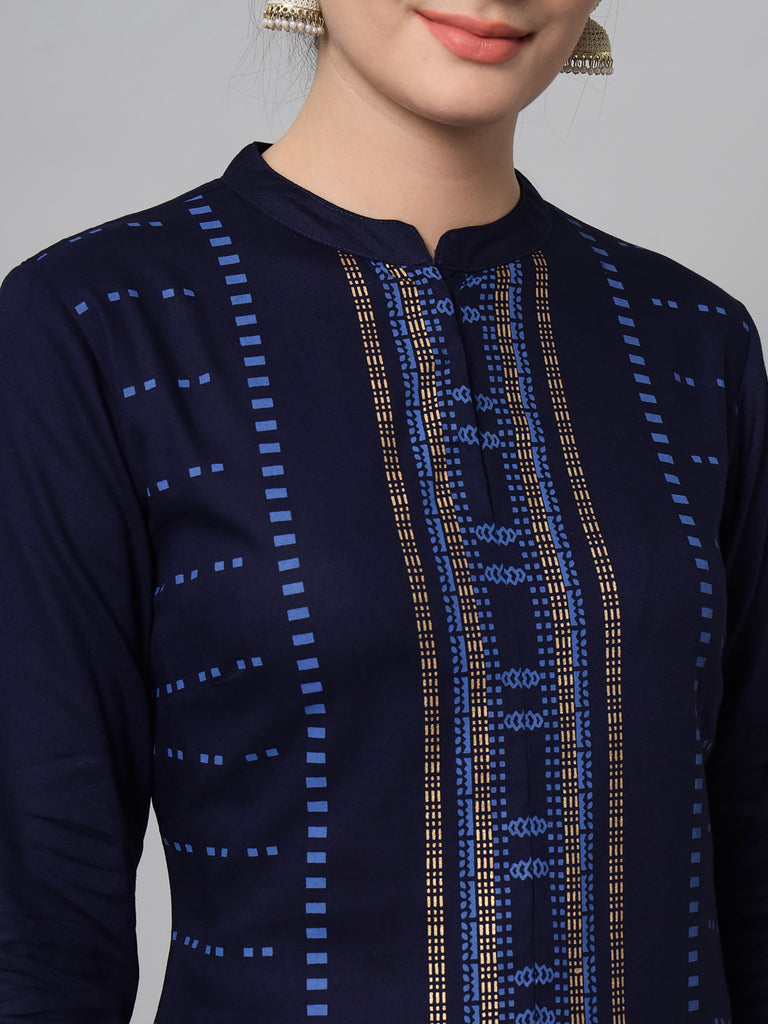 Women's Navy Blue Printed Kurta Trouser Set