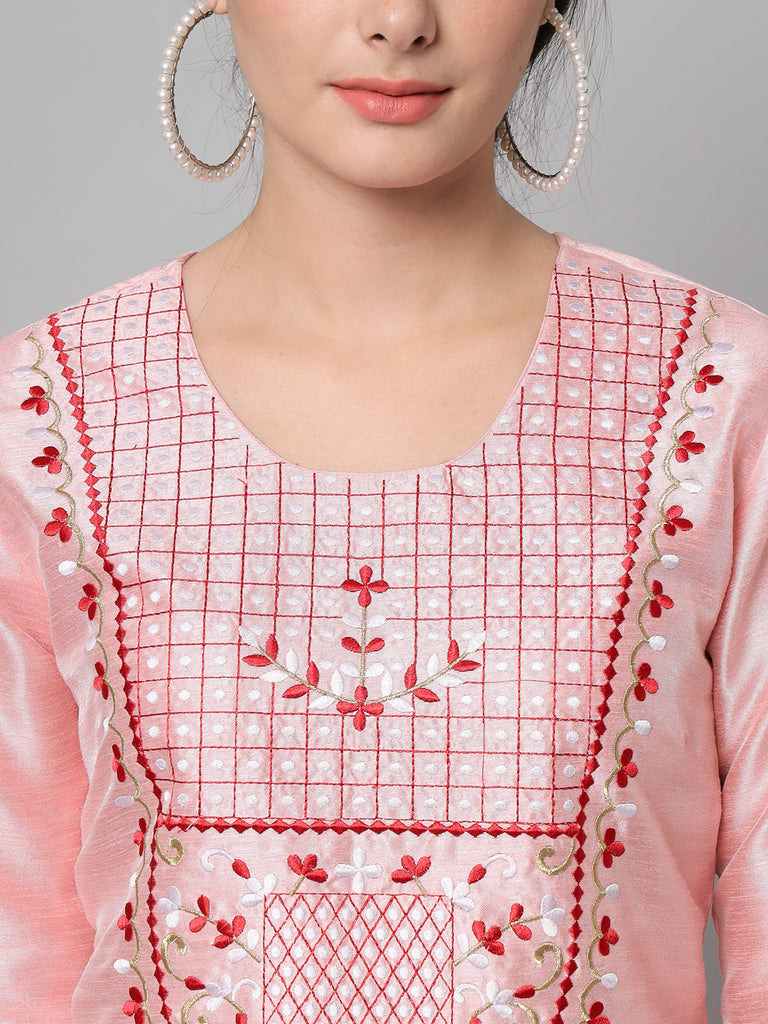 Women's Pink Kurta Trouser Set With White And Red Floral Embroidery