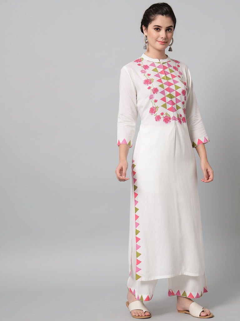 Women's Pink Triangle And Flower Printed Kurta Palazzo Set