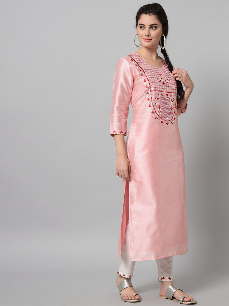 Women's Pink Kurta Trouser Set With White And Red Floral Embroidery