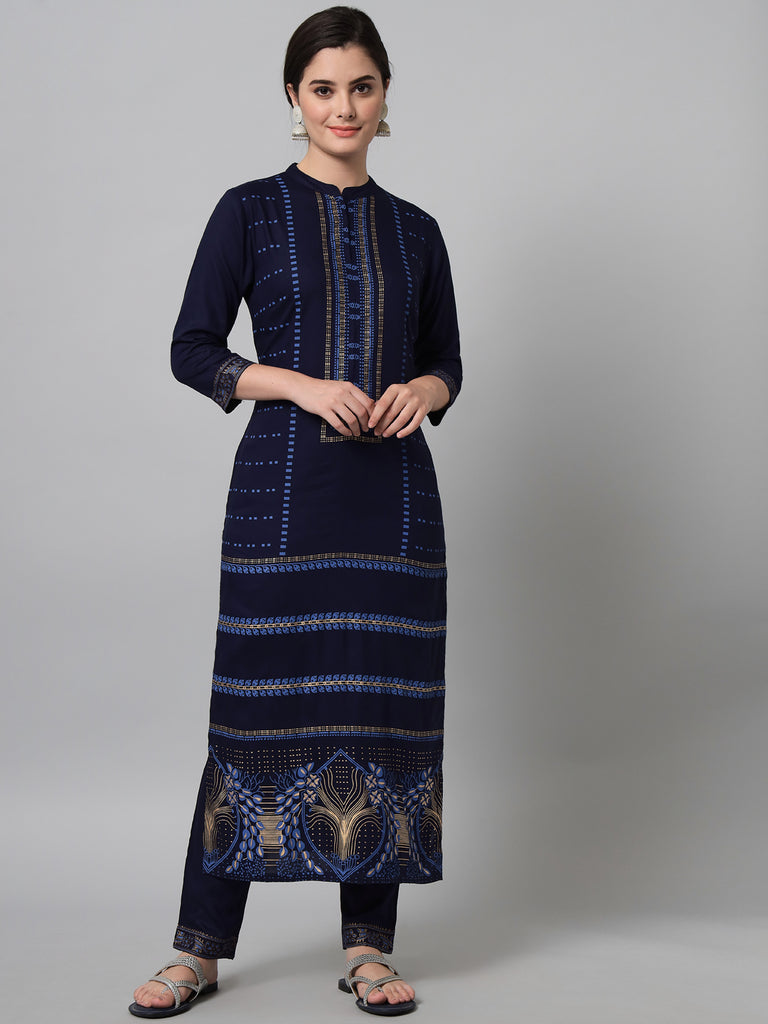 Women's Navy Blue Printed Kurta Trouser Set