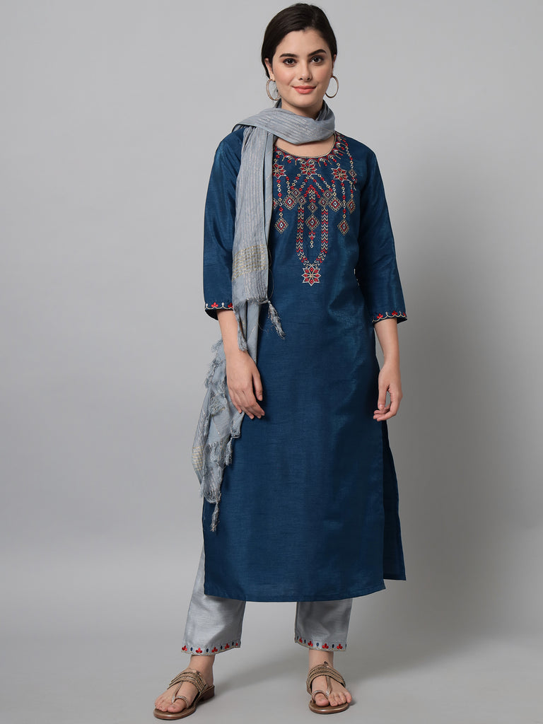 Women's Teal Blue Kurta Trouser Set With Geometric Embroidery