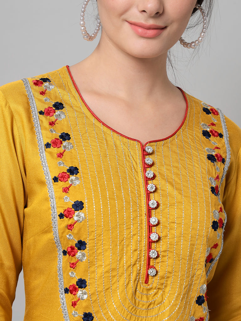 Women's Mustard Rayon Embroidered Kurta Trouser Set With Dupatta