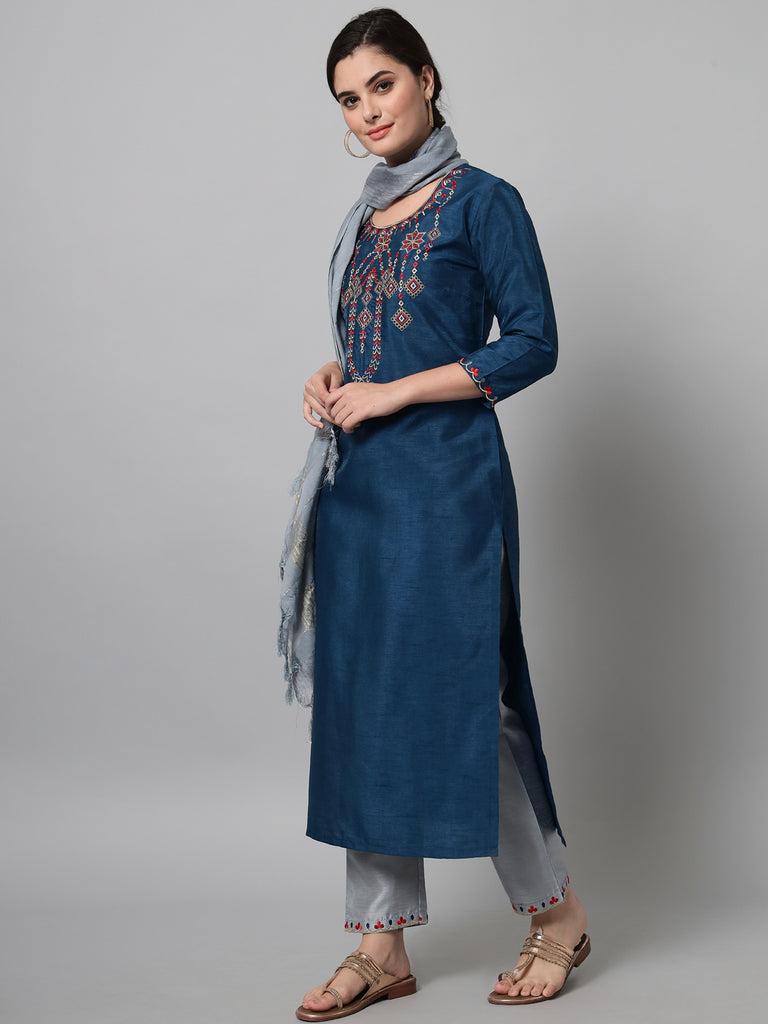 Women's Teal Blue Kurta Trouser Set With Geometric Embroidery