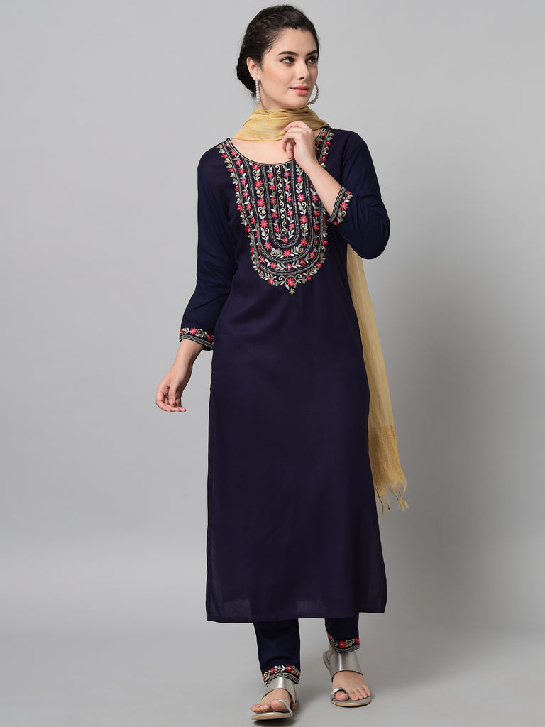Women's Navy Kurta Trouser Set With Dupatta With Gold And Silver Embroidery