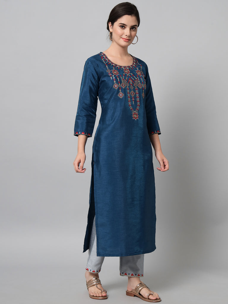 Women's Teal Blue Kurta Trouser Set With Geometric Embroidery
