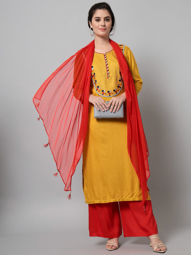 Women's Mustard Rayon Embroidered Kurta Trouser Set With Dupatta