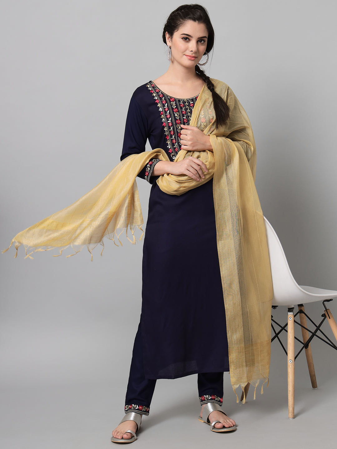 Women's Navy Kurta Trouser Set With Dupatta With Gold And Silver Embroidery - Noz2Toz