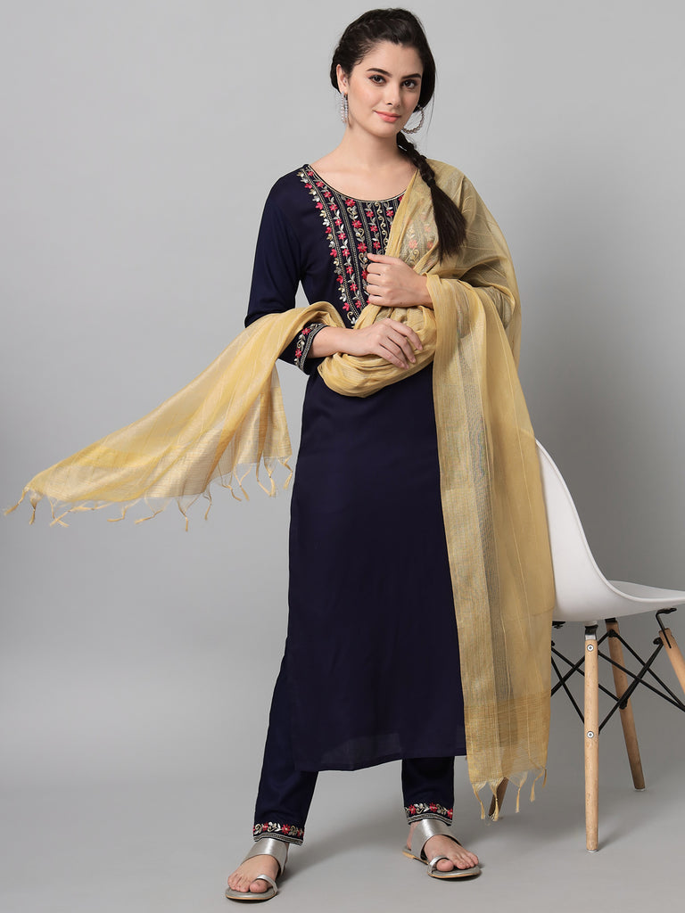 Women's Navy Kurta Trouser Set With Dupatta With Gold And Silver Embroidery
