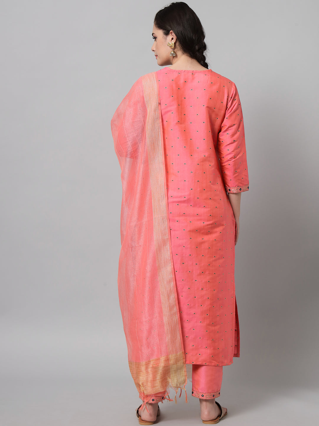 Women's Embroidered Pink Kurta With Pink Trousers And Dupatta  - Noz2Toz