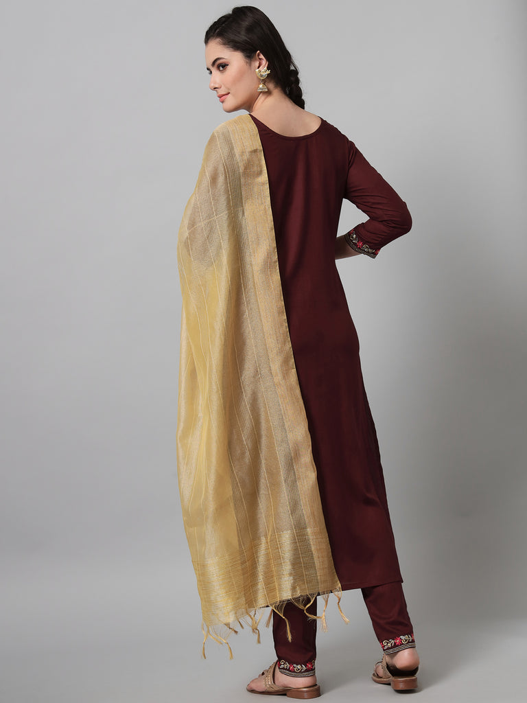 Women's Wine Kurta Trouser Set With Dupatta With Gold And Silver Embroidery