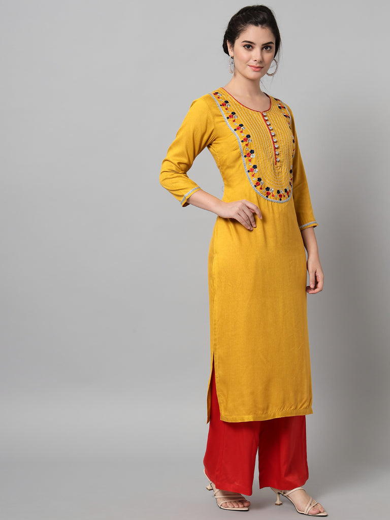Women's Mustard Rayon Embroidered Kurta Trouser Set With Dupatta