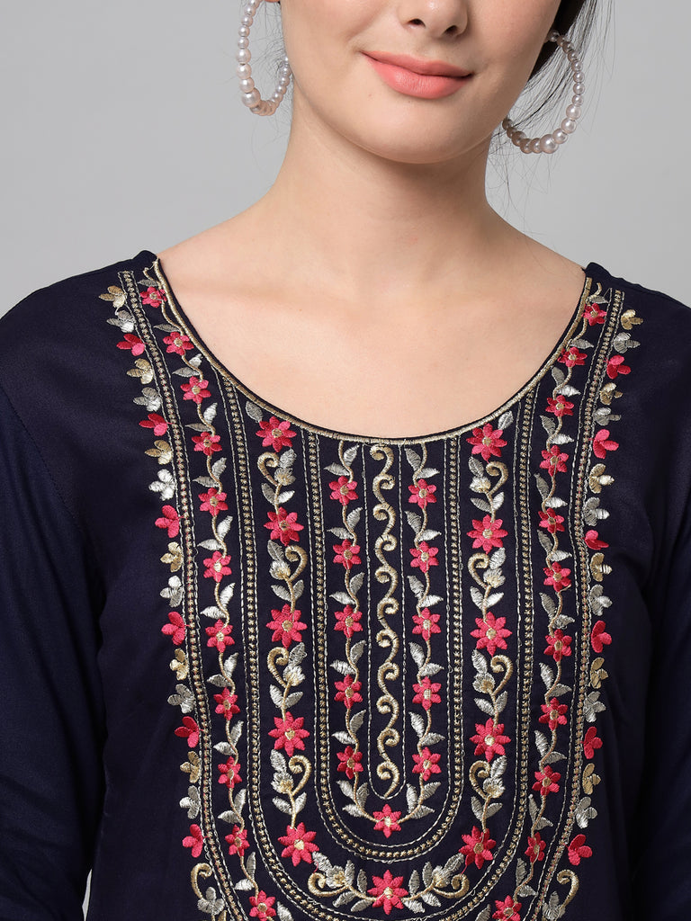 Women's Navy Kurta Trouser Set With Dupatta With Gold And Silver Embroidery