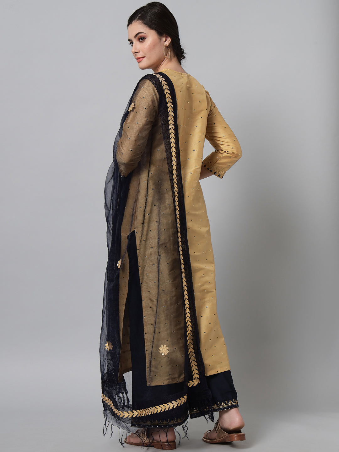 Women's Golden Beige Zari Embroidery Kurta Trouser Set  - Noz2Toz