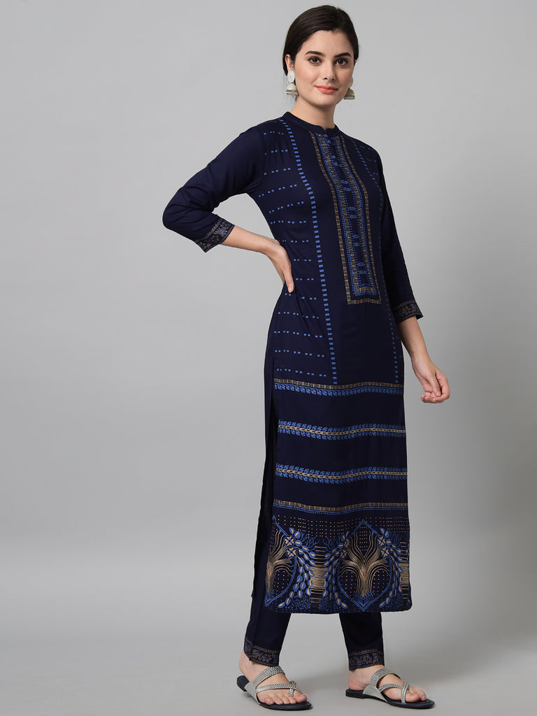 Women's Navy Blue Printed Kurta Trouser Set